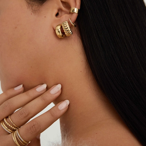 Edelstahl Schmuckset Für Damen Gerippte Streifen 18K Vergoldet Chunky C Form Ohrringe Und Ring Minimalistische Mode