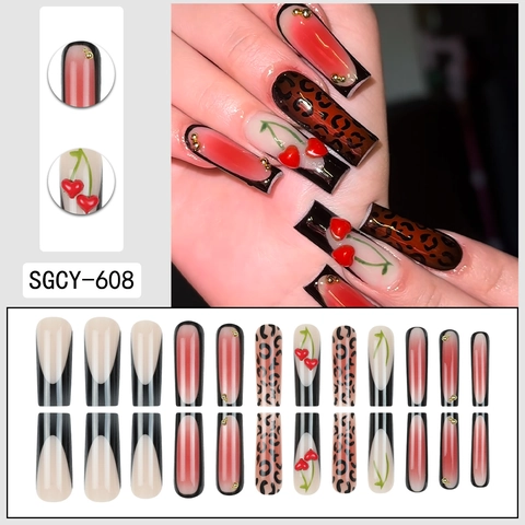 Unghie Finte Lunghe Coffin Stampa Leopardata Sfumatura Rossa French Tip Bordo Nero Charms Ciliegia 3D Donne