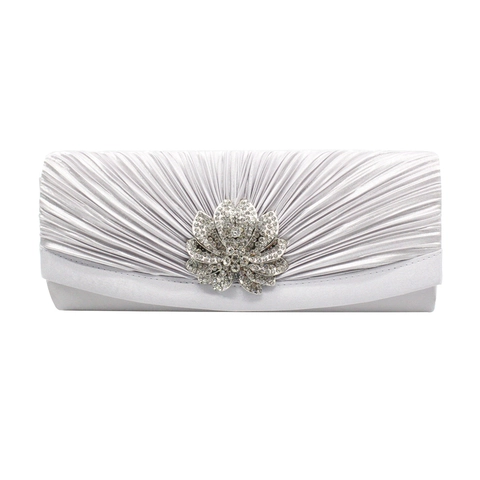 Pleated Satin Evening Clutch Bag Rhinestone Flower Wedding Banquet Party Handbag For Women With Metal Chain