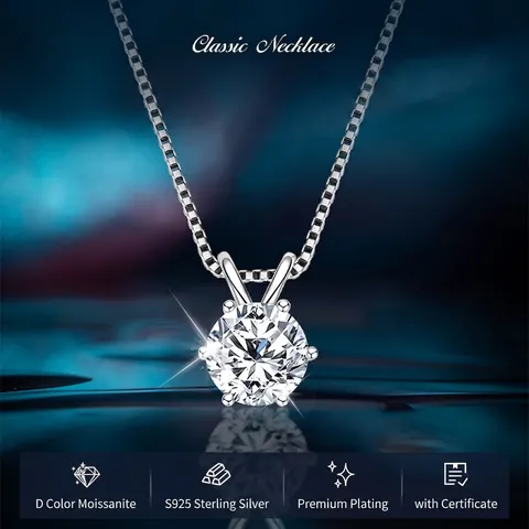 Classic Six-Prong Round D Color Moissanite Pendant Necklace 925 Sterling Silver Box Chain Jewelry Gift For Women