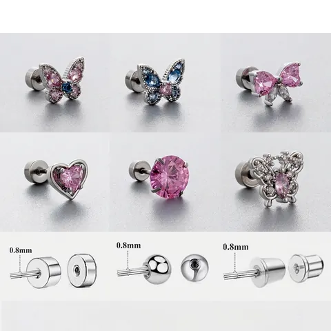 Butterfly Heart Bow Stud Earrings Titanium Steel Zircon Pink Blue Screw Back Piercing Jewelry For Women Delicate