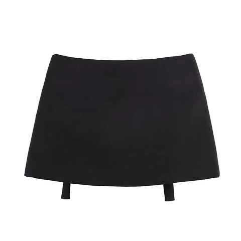 Women High Waist Mini Skort With Rhinestone Buckle And Streamer Ribbon Solid Color Polyester Streetwear Sexy