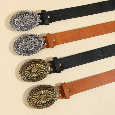 Vintage Dames Taille Riem PU Leer Met Antieke Legering Gesneden Bloemen Ovale Gesp Boho Western Stijl Accessoires Voor Jurken Jeans