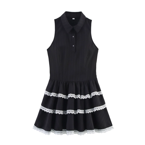 Dames Gotische Mouwloze Mini Jurk Gelaagde Taartrok Met Witte Kant Afwerking Geribde Gebreide Reverskraag Preppy Stijl