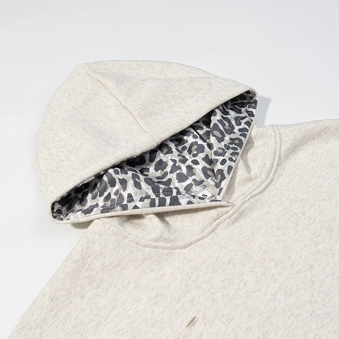 Felpa Con Cappuccio Donna Patchwork Leopardato Strappata Oversized Pullover A Maniche Lunghe Con Tasca A Marsupio Farina D'avena