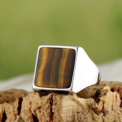 Anillo A Sigillo Da Uomo Quadrato Acciaio Inossidabile Con Occhio Di Tigre Turchese Agata Nera Stile Punk Lucidato