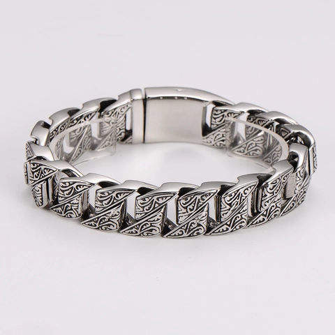 Pulsera Para Hombre Con Patrón Grabado Retro Acero Inoxidable 304 Vintage Hip Hop Rock Biker Cadena Gruesa