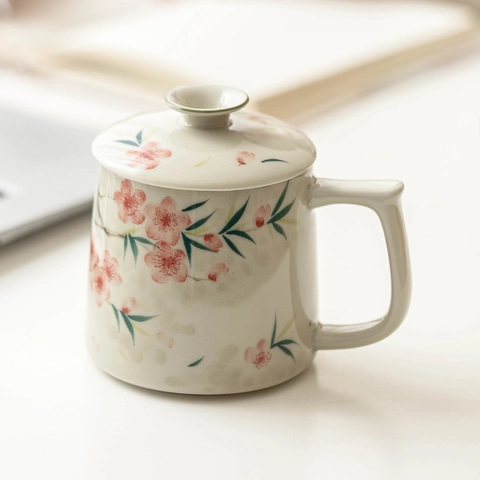 Mug In Ceramica Con Coperchio Dipinta A Mano Fiori Di Pesco Stile Cinese Tazza Da Tè In Porcellana Per Ufficio Regalo Donne