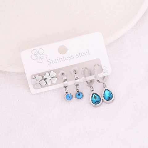 Stainless Steel Earrings Blue Zircon Evil Eye Teardrop Clover Studs And Dangle Earrings For Women Trendy Aesthetic Jewelry