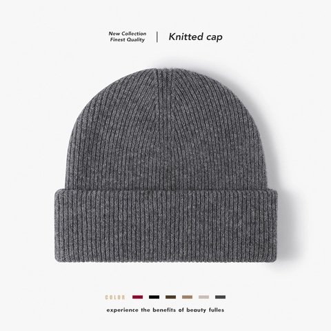 Gorro De Lana Merina Tejido Doble Capa Cálido Invierno Con Dobladillo Color Sólido Para Mujer