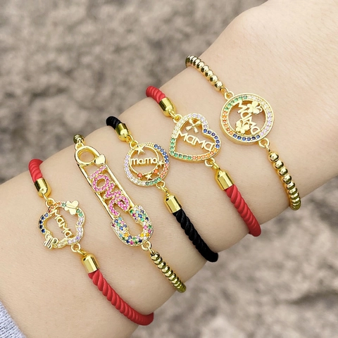 Bracelets Réglables MAMA LOVE Cœur Épingle À Nourrice Cuivre Plaqué Or 18K Zircon Multicolore Bijoux Fête Des Mères