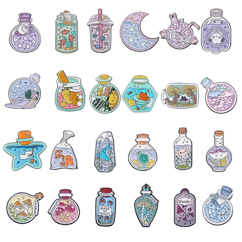 Spilla in Smalto Cartoon Carino Bottiglia di Pozione Magica Gatto Fungo Vita Marina Spilla in Lega di Zinco per Vestiti Zaino Regalo Donna