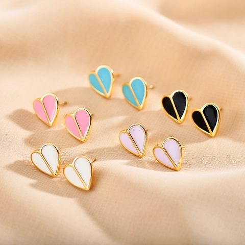 Herzförmige Emaille Ohrstecker Edelstahl Geteiltes Design Trendig Bunter Süßer Schmuck Für Damen