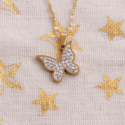Collier Pendentif Papillon Double Couche Acier Inoxydable Strass Émail Plaqué Or Bijoux Tendance Pour Femmes