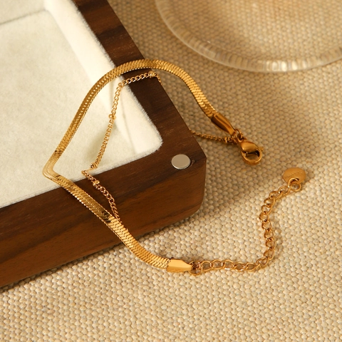 Double Layer Stainless Steel Bracelet 18K Gold Plated Herringbone Snake And Bead Chain For Women Minimalist Jewelry