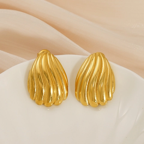 Shell Stud Earrings 18K Gold Plated Stainless Steel Ribbed Geometric Irregular Texture French Retro Style For Women