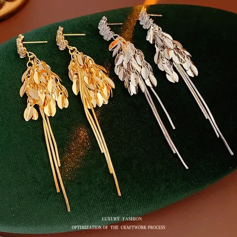 Wheat Ear Long Tassel Dangle Earrings With Zircon Copper And 925 Sterling Silver Earring Post Luxury For Women