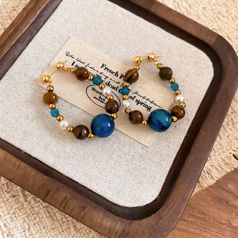 Beaded Hoop Ohrringe Mit 925 Sterling Silber Stecker Vintage Boho Tigerauge Stein Künstliche Perle Blaues Glas Schmuck Damen