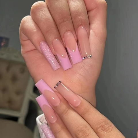 Faux Ongles À Presser Long Coffin French Tip Dégradé Rose Strass Paillettes Manucure Pour Femmes Élégant