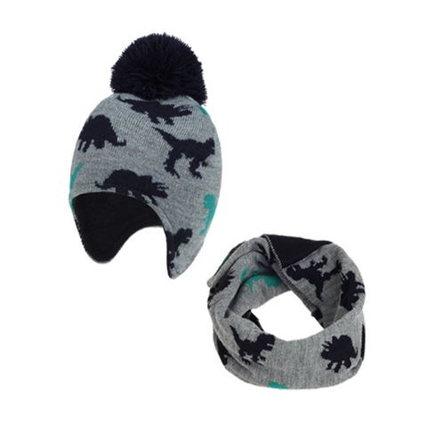 Dinosaur Pattern Knitted Hat And Neck Warmer Pom Pom Ear Protection Fleece Lined Winter Warmer For Toddler Kids Boys Girls