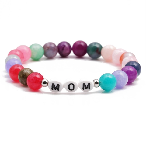 Naturstein Perlenarmband Mit Mom Mama Buchstabenperlen Legierung Spacer Buntes Elastisches Schmuckstück Für Muttertag