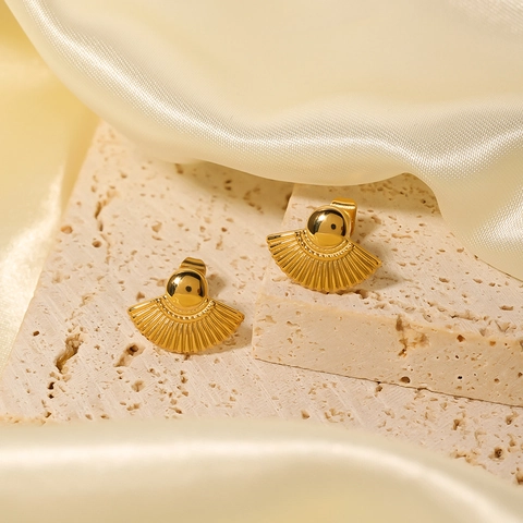Fan Shaped Stud Earrings 18K Gold Plated Stainless Steel Geometric Linear Texture Minimalist Elegant Jewelry For Women