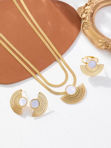 Hollow Fan Shaped White Shell Necklace Earrings Ring Stainless Steel Double Layer Snake Chain Elegant Jewelry For Women