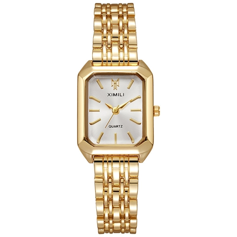 Women Fashion Quartz Watch Square Rectangular Dial Alloy Steel Band Minimalist Gold Silver Wristwatch Casual Lady Decorative Watch