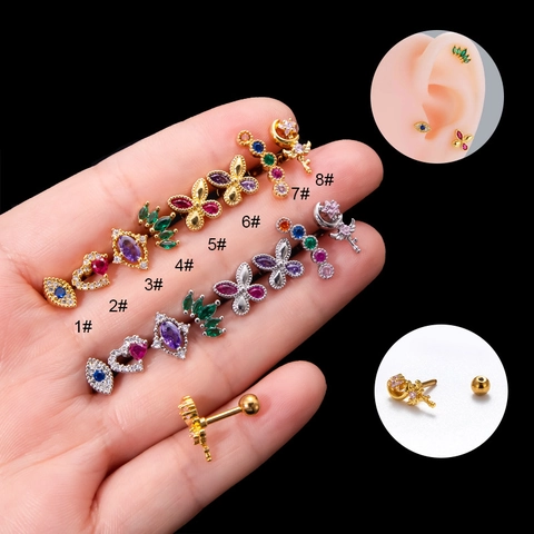 Zircon Knorpel Ohrringe Herz Schmetterling Mond Edelstahl Stab Kupfer Schraubverschluss Stecker Piercing Schmuck Damen