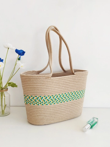 Women Woven Tote Bag Cotton Rope Large Capacity Color Block Striped Summer Beach Vacation Shoulder Handbags