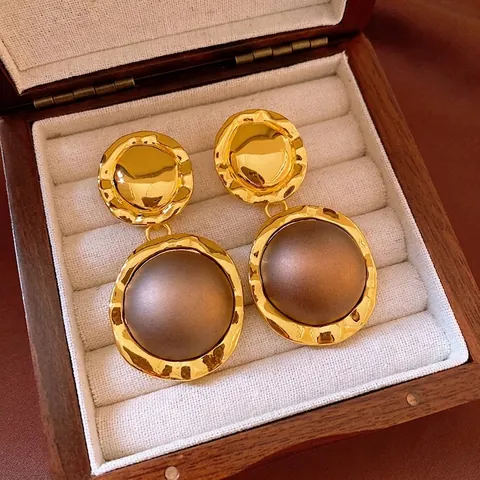 Vintage Exaggerated Alloy Textured Round Drop Earrings With Silver Earring Post Luxury Golden Brown Jewelry For Women