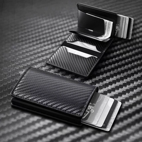 Men RFID Blocking Pop Up Card Holder Wallet Slim Minimalist Carbon Fiber Texture PU Leather Aluminum Case