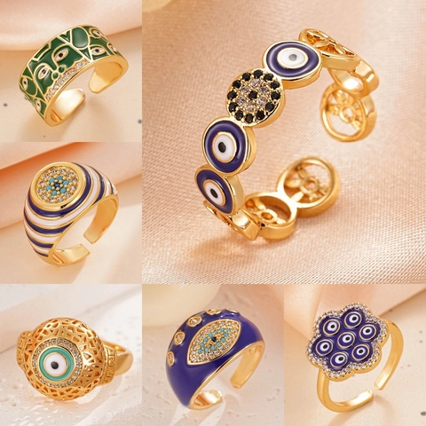 Evil Eye Emaille Ring Für Damen 18K Vergoldet Herz Auge Tropföl Strass Verstellbar Punk Fingerring Schmuck