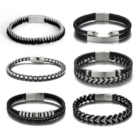 Pulsera De Cuero Trenzado Para Hombre Acero Inoxidable Cierre Magnético Multicapa Joyería Moderna