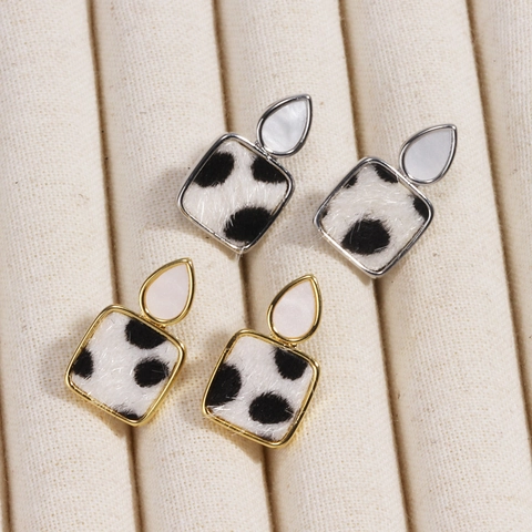 Square Faux Fur Leopard Print Stud Earrings With Copper Earring Post Teardrop Inlay Fashion Jewelry For Women Ethnic
