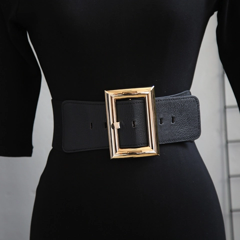 Cintura Corsetto Larga Da Donna Pelle Sintetica Elastica Vita Fibbia Quadrata In Lega Retrò Moderno Per Vestito Cappotto