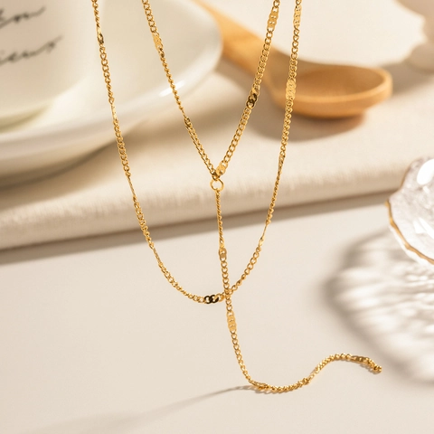 Double Layer Y Shape Necklace 18K Gold Plated Stainless Steel Minimalist Geometric Chain Jewelry For Women