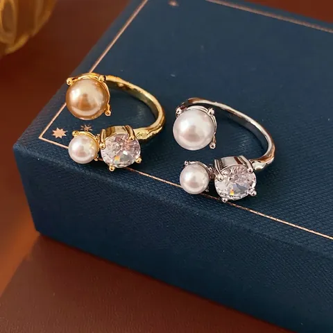 Adjustable Artificial Pearl Zircon Open Ring Copper Artificial Pearls Cubic Zirconia Inlaid Elegant French Vintage Jewelry For Women