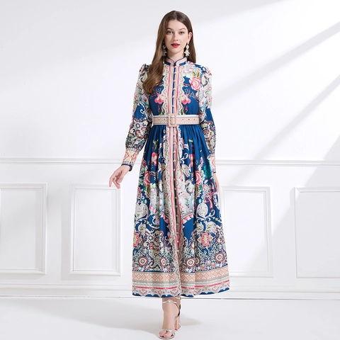 Abito Maxi Stampa Vintage Collo Alto Maniche Lunghe A Lanterna Con Cintura Retro Floreale Elegante Boho Blu Marino