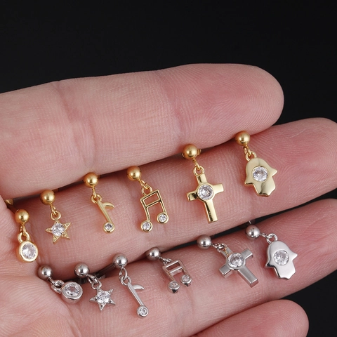 Roestvrij Staal Zirkoon Labret Studs Kraakbeen Oorbellen Ster Kruis Hamsa Hand Muzieknoot Piercing Sieraden Voor Dames Heren
