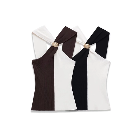 Women Sexy Slim Fit Rib Knit Tank Top Halter Neck Contrast Color Sleeveless Top With Metal Buckle