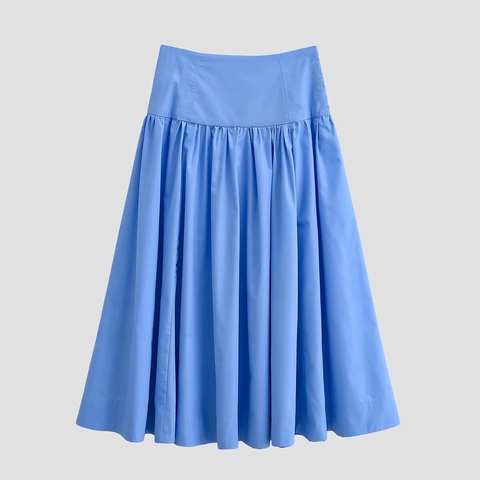 Women High Waisted Pleated Midi Skirt Sky Blue Polyester Puffy Swing A-Line Elegant Streetwear