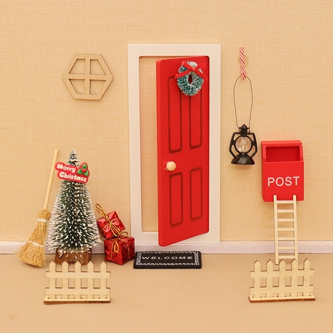 Puppenhaus Miniatur Weihnachten Szene Dekoration Kit Holztür Kleiner Baum Briefkasten DIY Modell Spielzeug