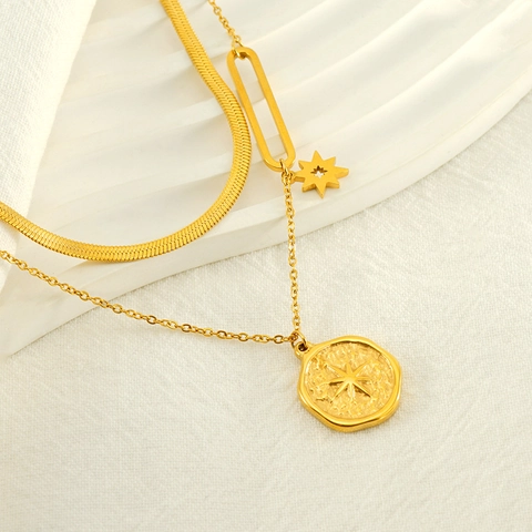 Dubbele Laag Ketting Roestvrij Staal 18K Verguld Hexagram Ster Munt Hanger Retro Stijl Vrouwen