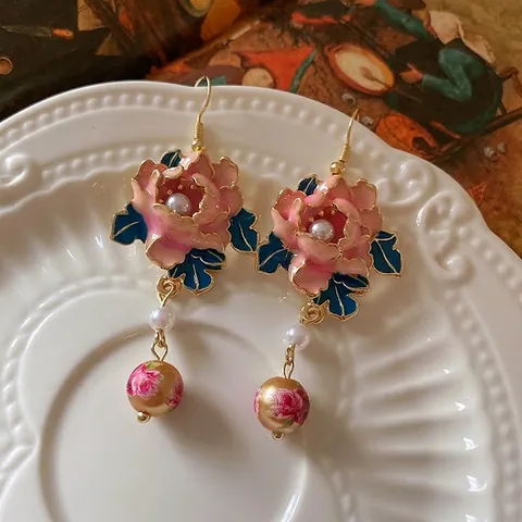 Pendientes Vintage De Borla Con Flor Aleación Esmalte Peonía Rosa Con Imitación Perla Artificial Estilo Palacio Elegante