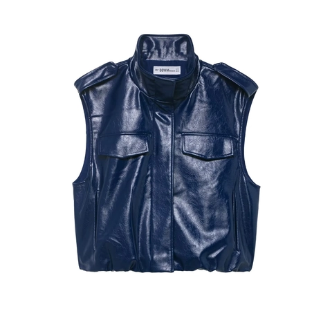Damen Glänzende Kunstleder Weste Und Minirock Streetwear Nietengürtel Dunkelblau Ärmellose Weste Mode