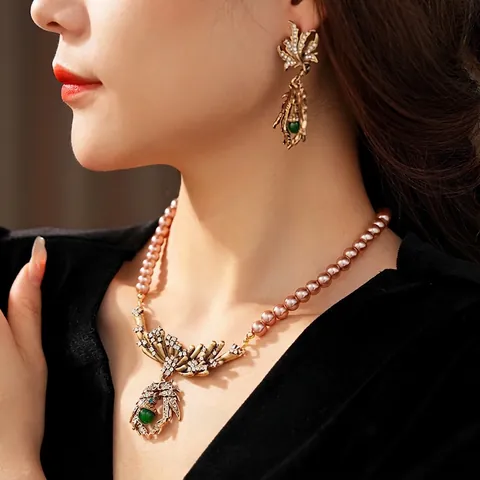 Vintage Baroque Jewelry Necklace And Earrings Faux Artificial Pearl Green Gemstone Leaf Rhinestone Silver Earring Post Women