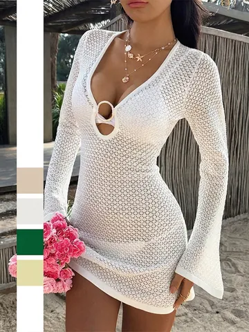 Women Hollow Crochet Knit Mini Dress Deep V Neck Metal Ring Flare Long Sleeve Sexy Boho Beach Cover Up