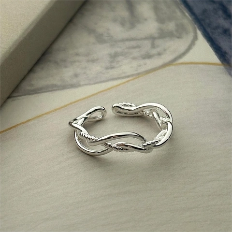 925 Sterling Silber Ring Gedrehtes Seil Design Verstellbar Offen Crossover Knoten Minimalistischer Koreanischer Schmuck