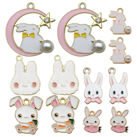 Alloy Enamel Easter Rabbit Charms Rhinestone Artificial Pearl Moon Bunny Pendants For DIY Jewelry Making Necklaces Bracelets Findings